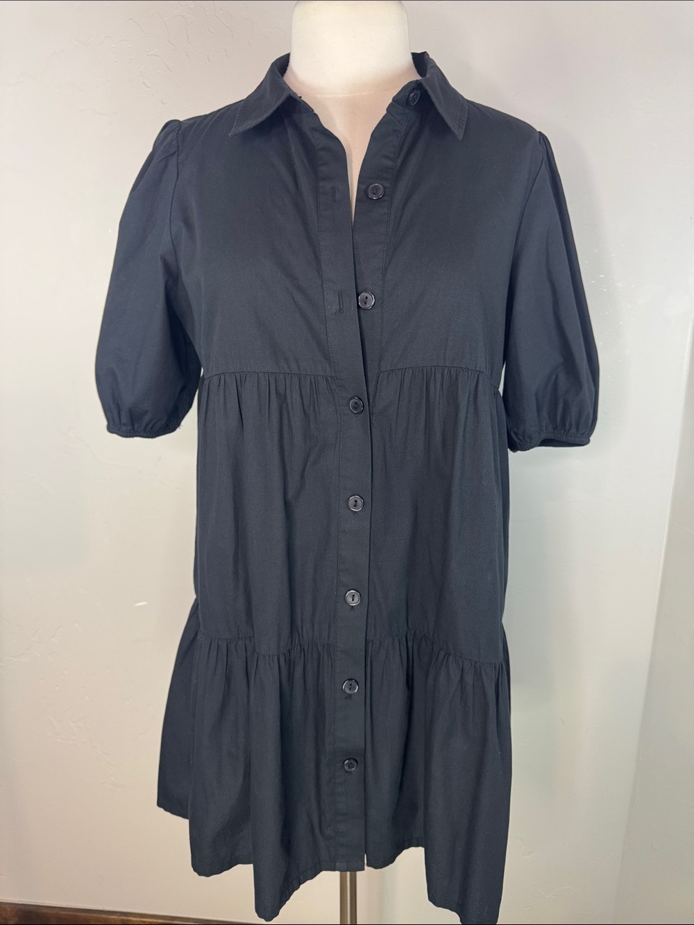 Sanctuary Black Button-Front Short-Sleeve Tiered Babydoll Shirt Dress